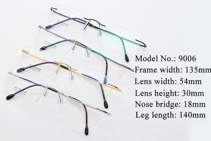 Unisex Rimless Titanium Frame Eyeglasses Customizable Lenses 9006 - Size Chart