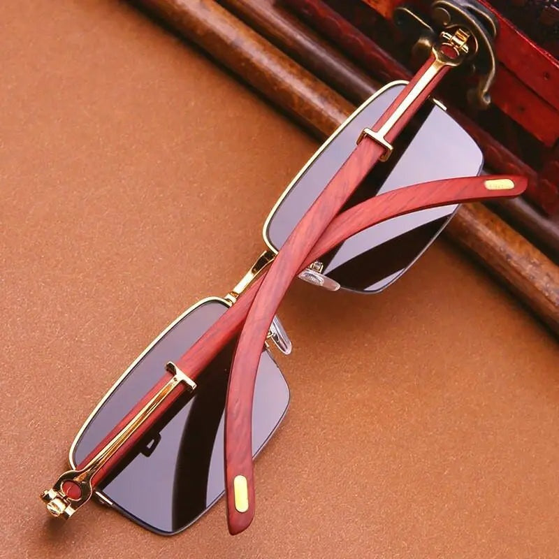 Vazrobe Unisex Semi Rim Rectangle Wood Titanium UV400 Sunglasses 3757 - gold brown