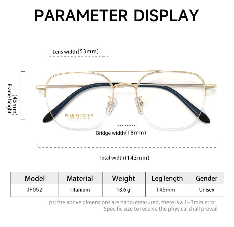 Vicky Unisex Full Rim Square Double Bridge Titanium Reading Glasses 517052 - Size Chart