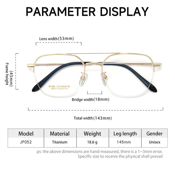 Vicky Unisex Full Rim Square Double Bridge Titanium Reading Glasses 517052 - Size Chart