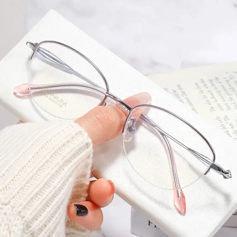Vicky Women's Semi Rim Polygon Oval Titanium Reading Glasses 57010 - S7010T-silvery-pink