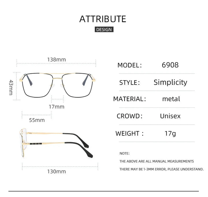 Vicky Unisex Full Rim Square Double Bridge Alloy Reading Glasses 6908