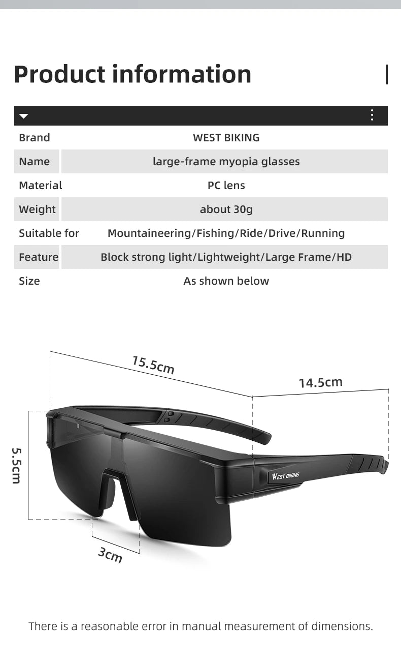 West Biking Unisex Semi Rim Square Polycarbonate Over Frame Polarized Sunglasses 9607931 - Size Chart