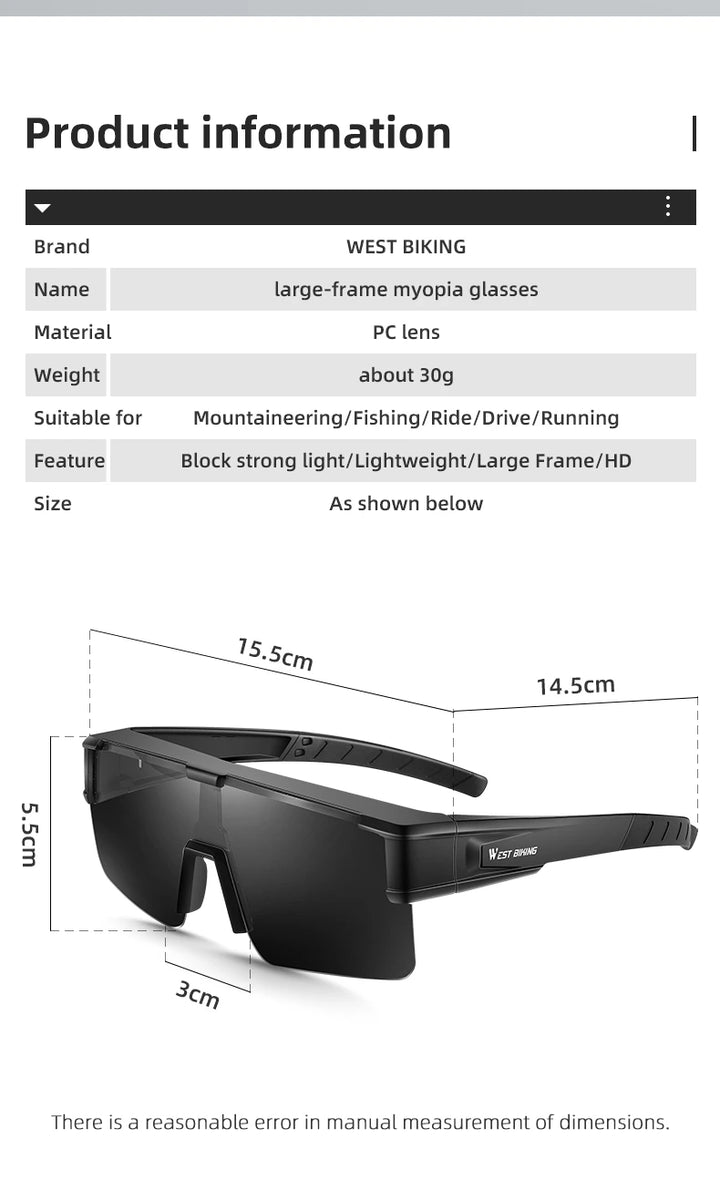 West Biking Unisex Semi Rim Square Polycarbonate Over Frame Polarized Sunglasses 9607931 - Size Chart