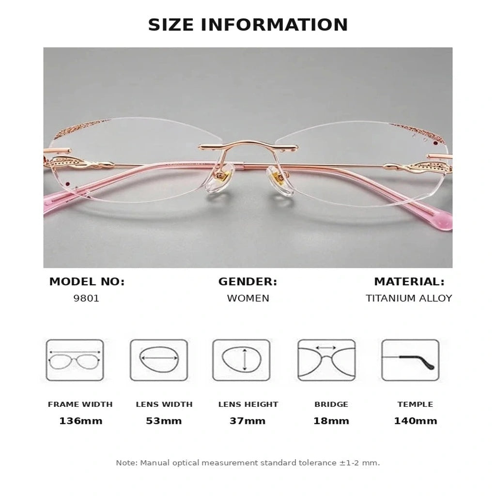Summer Flower Women's Rimless Diamond Cutting Eyeglasses 9801 - Size Guide