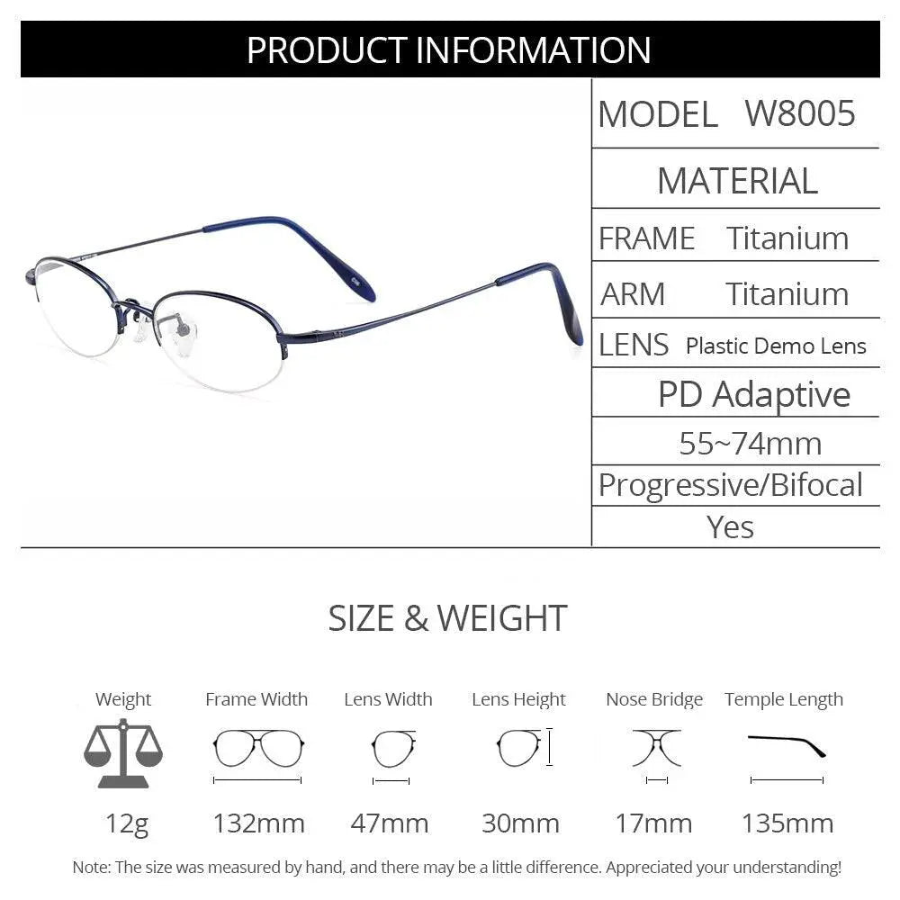 Gmei Women's Eyeglasses Semi Rim Oval Titanium Small W8005 - Size Chart