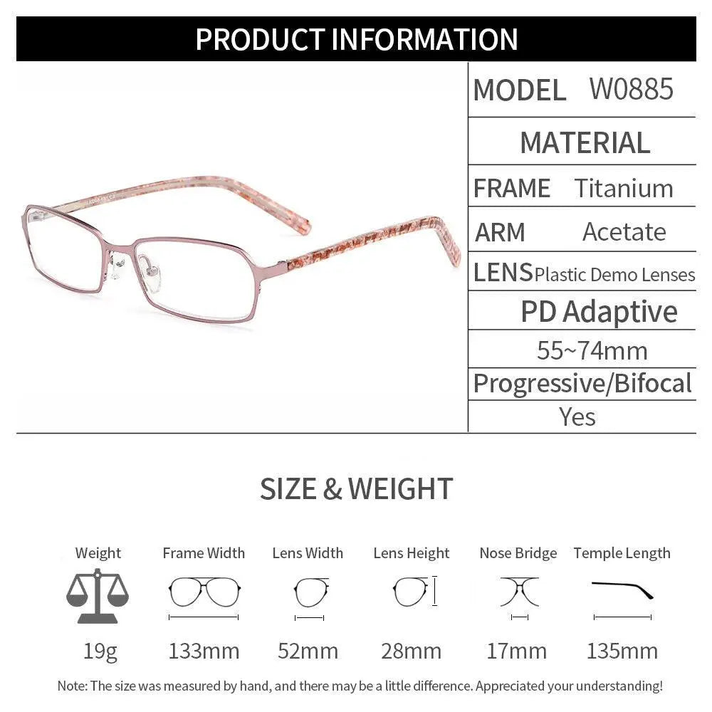Gmei Women's Eyeglasses Ultralight Pure Titanium Small Face W0885 - Size Chart