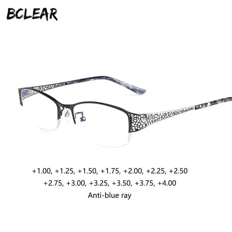 Women's Half Frame Reading Glasses 1.56 Index Clear Anti-Blue Light Lenses F99001 - black