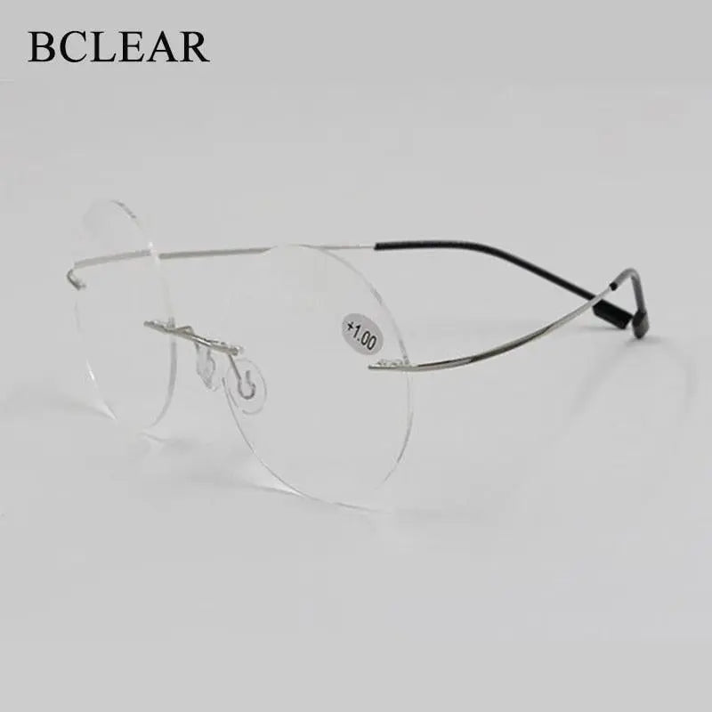 Women's Reading Glasses Anti-blue Ray Round Rimless Memory +1.00~+4.00 - Silver
