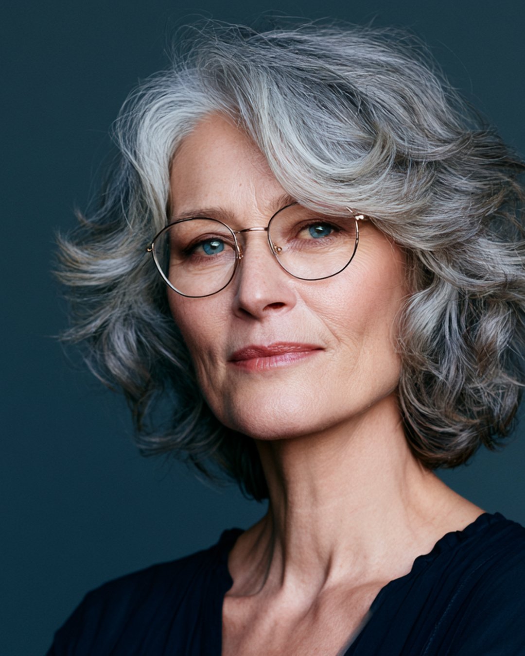 Woman wearing thin metal eyeglasses — Women's Eyeglasses at FuzWeb