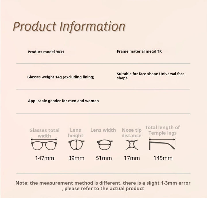 Xbora Unisex Full Rim Square Tr 90 Titanium Alloy Eyeglasses 549831 - Size Chart
