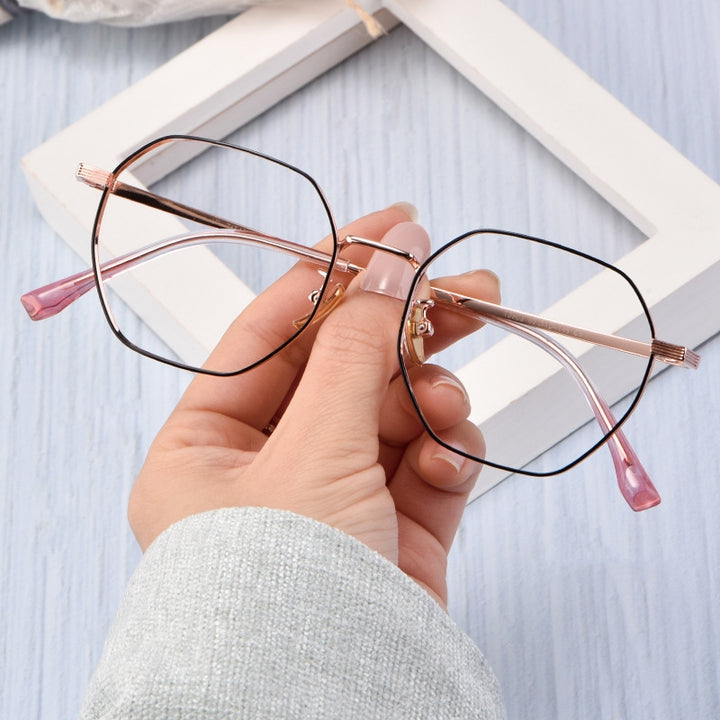 Yimaruili Unisex Full Rim Titanium Polygon Frame Eyeglasses T3903 - Black Rose Gold