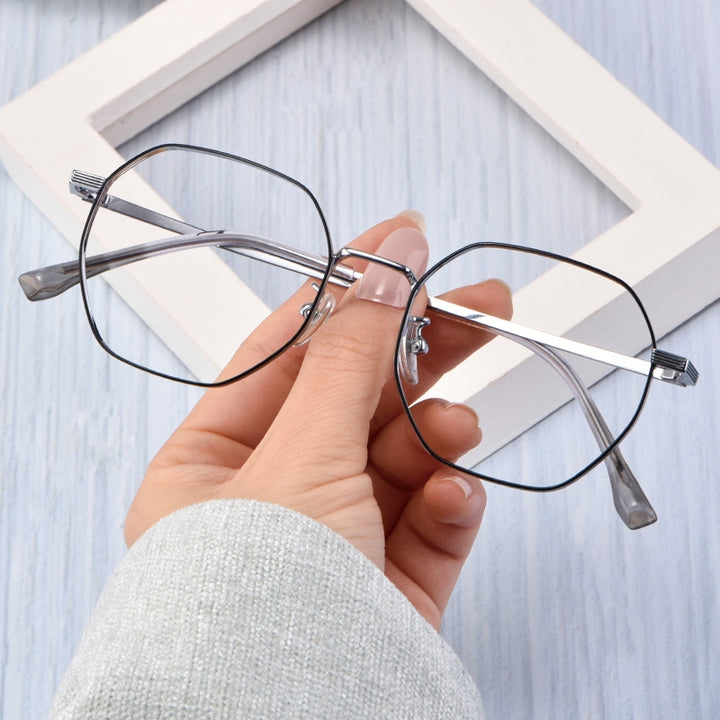 Yimaruili Unisex Full Rim Titanium Polygon Frame Eyeglasses T3903 - Black Silver