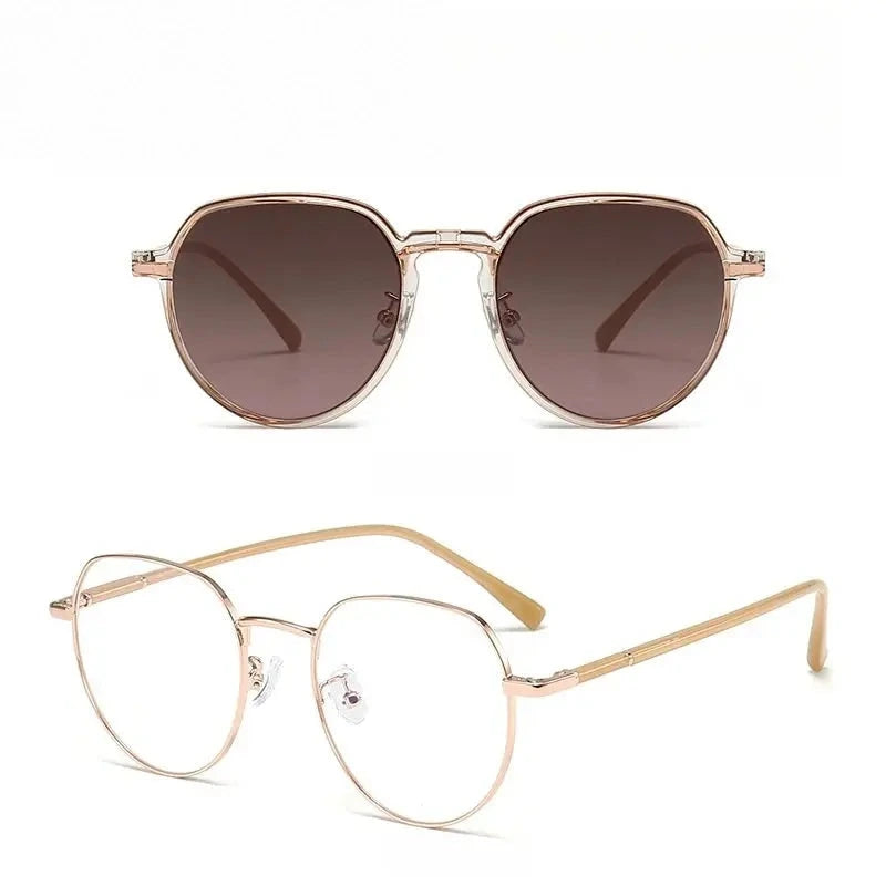 Yimaruili Women's Full Rim Polygonal Tr 90 Alloy Eyeglasses Clip On Sunglasses 81001 - Tea Rose Gold C5