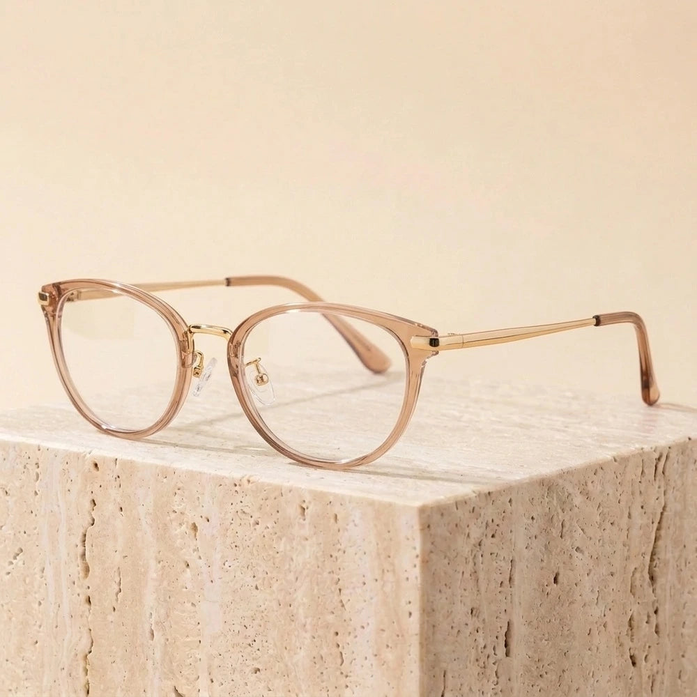 Yimaruili Women's Full Rim Round Cat Eye Tr 90 Alloy Eyeglasses 361607 - Tea Gold C13