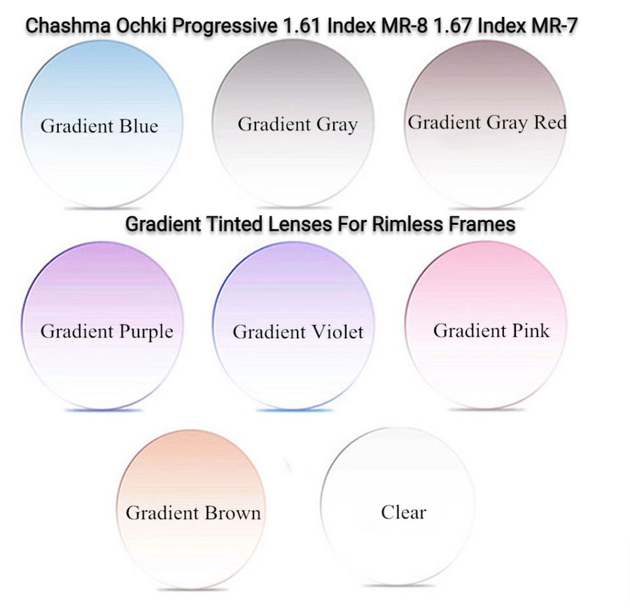 Chashma Ochki Progressive 1.61 Index MR-8 1.67 Index MR-7 Gradient Tint Lenses Lenses Chashma Ochki Lenses   