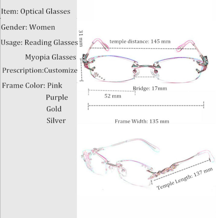 Women's Eyeglasses Diamond Cutting Rimless Titanium 8036B Rimless Chashma   
