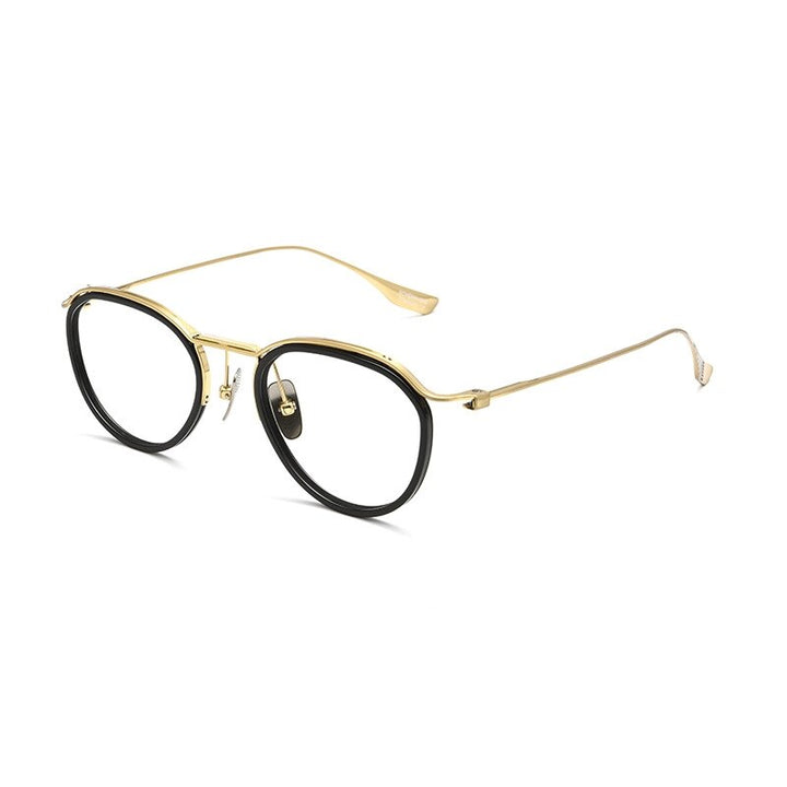 Yimaruili Unisex Full Rim Round Acetate Titanium Eyeglasses  Dtx131 Full Rim Yimaruili Eyeglasses Black Gold  