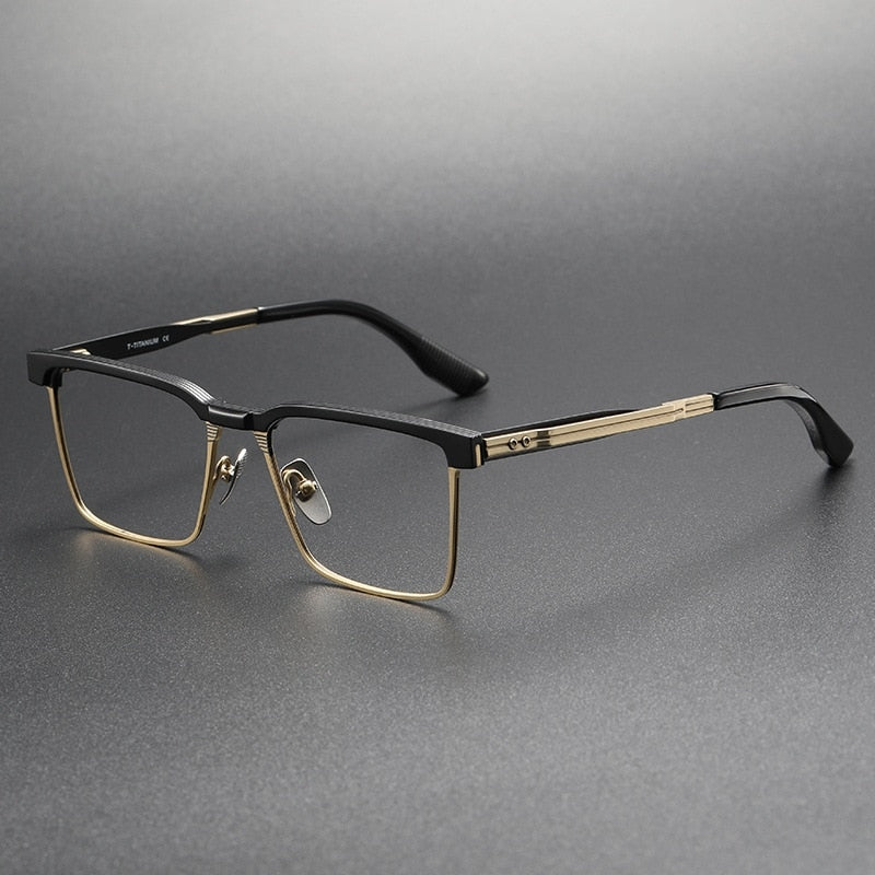 Yimaruili Men's Full Rim Square Acetate Titanium Eyeglasses Dtx137 Full Rim Yimaruili Eyeglasses Black Gold  