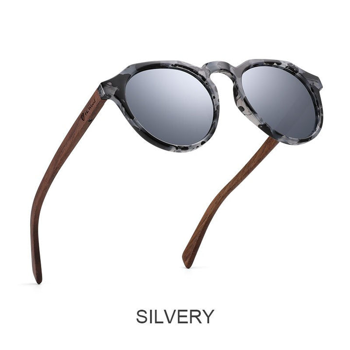 Yimaruili Unisex Full Rim Round Wood Frame HD Polarized Sunglasses 8048 Sunglasses Yimaruili Sunglasses Silver  