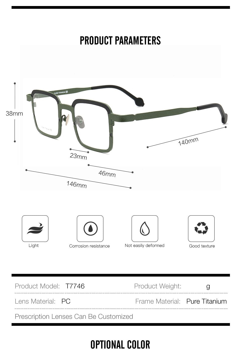 Muzz Men's Full Rim Square Titanium Frame Eyeglasses T7746 Full Rim Muzz   