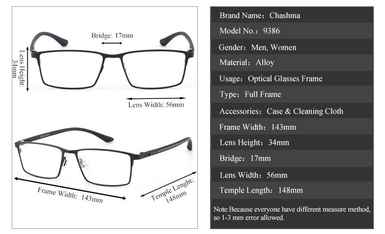 Chashma Ottica Men's Full Rim Large Square Titanium Alloy Eyeglasses 9386 Full Rim Chashma Ottica   