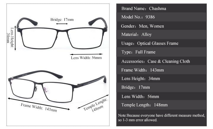 Chashma Ottica Men's Full Rim Large Square Titanium Alloy Eyeglasses 9386 Full Rim Chashma Ottica   