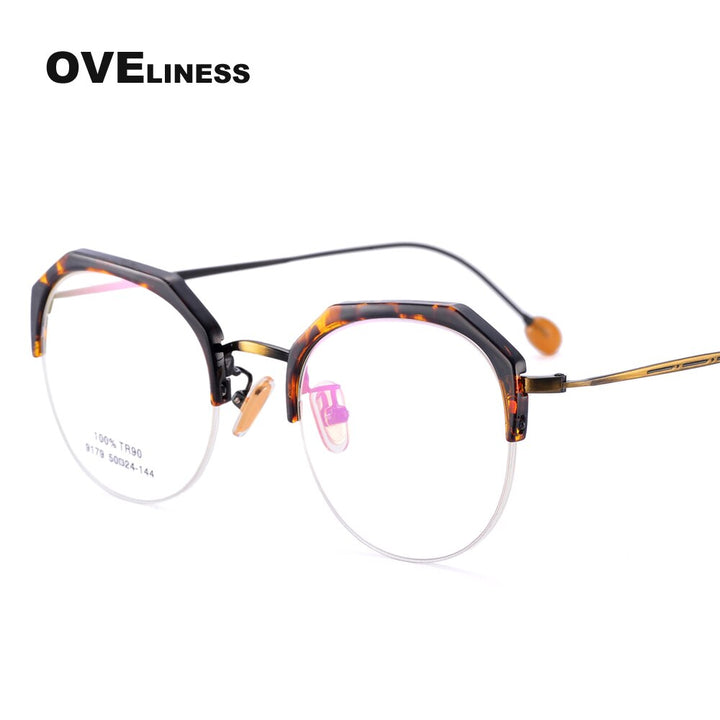 Oveliness Women's Semi Rim Round Acetate Alloy Eyeglasses 9179 Semi Rim Oveliness C1  
