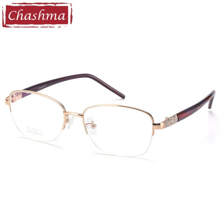 Women's Oval Titanium Frame Jewelled Eyeglasses 9113 Frame Chashma Gold  