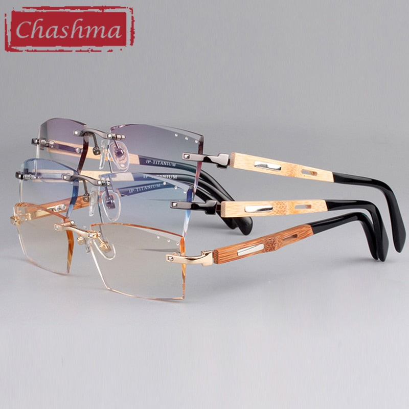 Chashma Ottica Men's Rimless Square Titanium Eyeglasses Bamboo Temples Tint Lenses 886 Rimless Chashma Ottica   