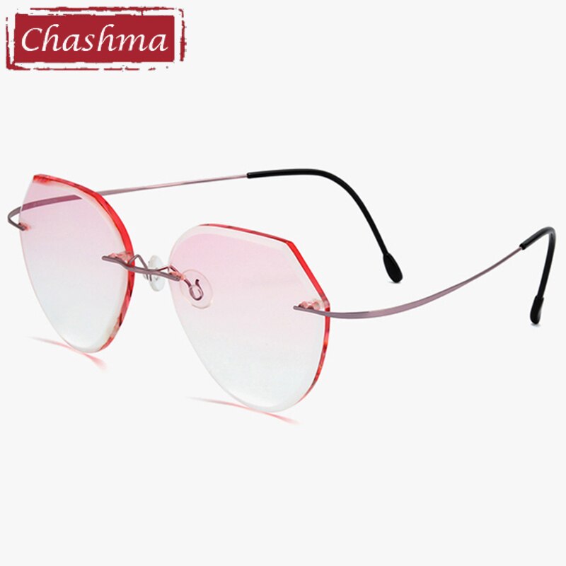 Unisex Rimless Diamond Cut Titanium Frame Tinted Lens Eyeglasses 8018 Rimless Chashma Pink  