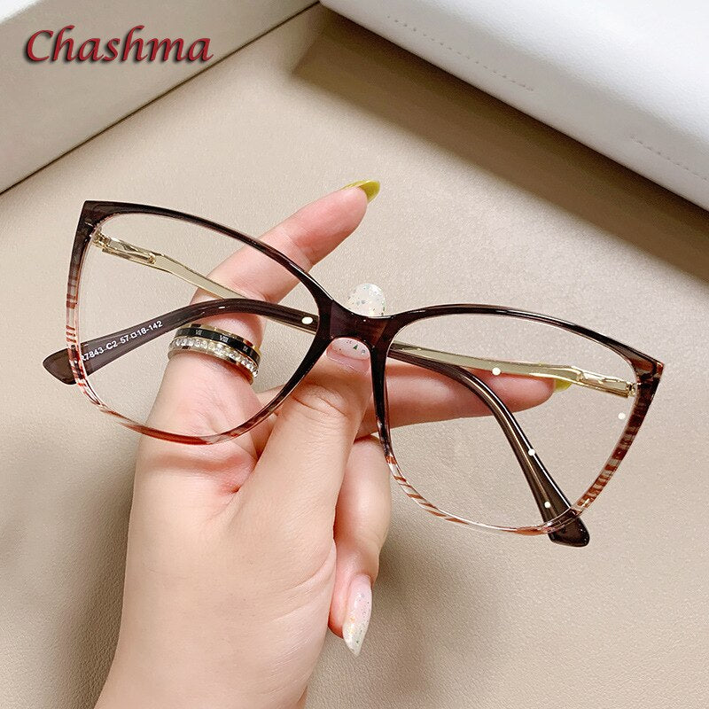 Chashma Ochki Women's Full Rim Square Cat Eye Tr 90 Titanium Eyeglasses 7843 Full Rim Chashma Ochki Brown with Stripe  