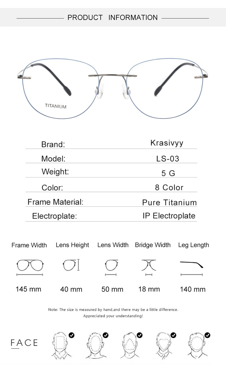 Krasivyy Unisex Rimless Round Square Titanium Eyeglasses Ls03 Rimless Krasivyy   