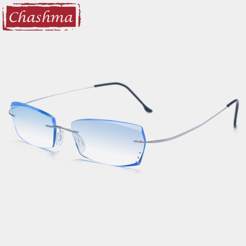 Chashma Ottica Unisex Rimless Rectangle Titanium Eyeglasses Tinted Lenses 1865 Rimless Chashma Ottica Silver Blue  