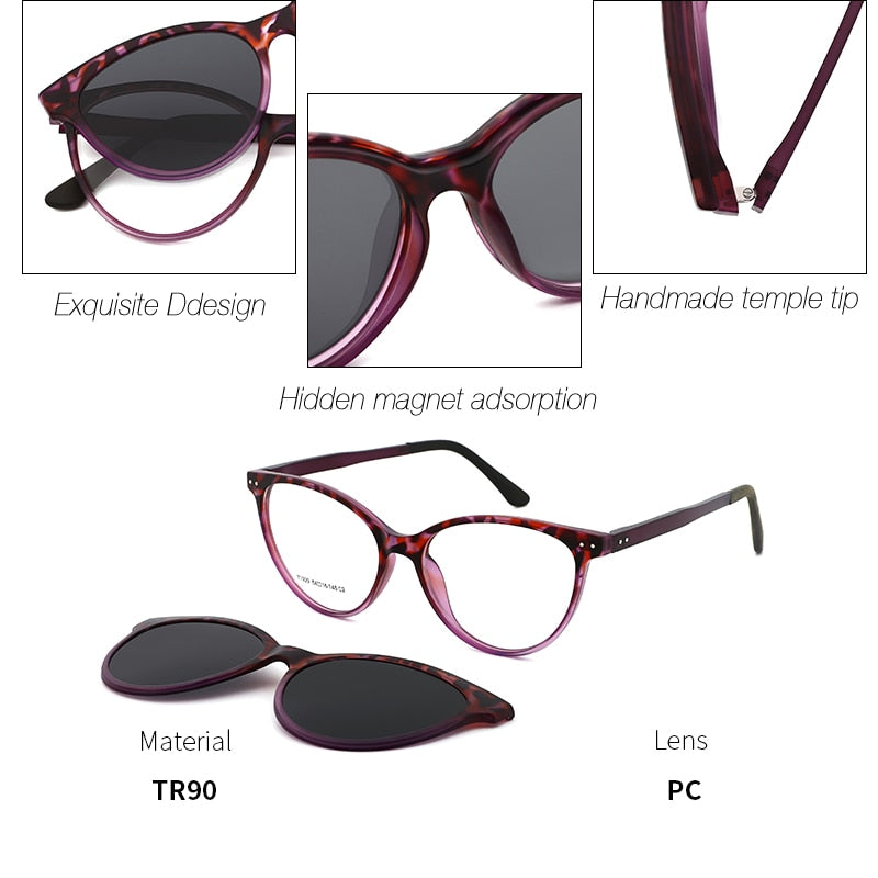 Kansept Women's Full Rim Round Cat Eye Alloy Frame Eyeglasses Magnetic Polarized Clip On Sunglasses T1929 Clip On Sunglasses Kansept   