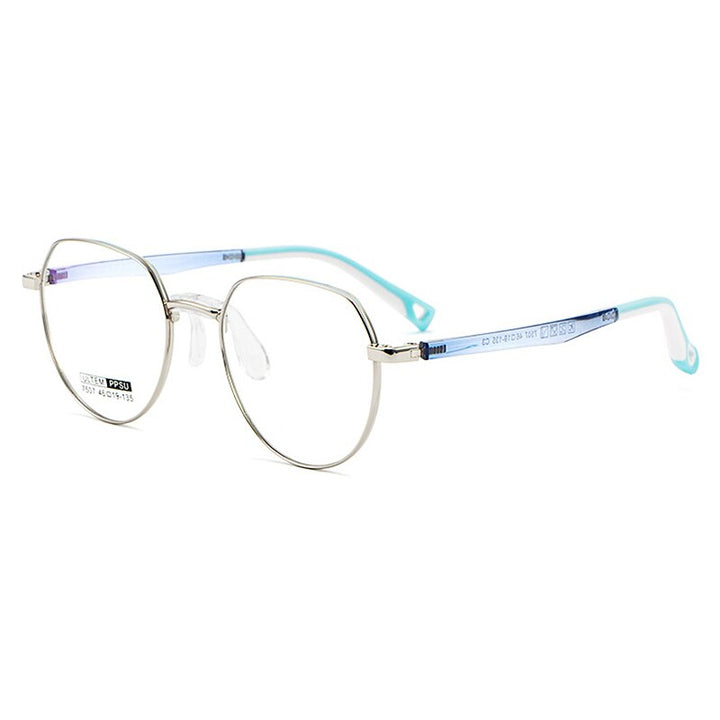 KatKani Unisex Youth Full Rim Round Ultem Alloy Frame Eyeglasses 7507S Full Rim KatKani Eyeglasses Silver  