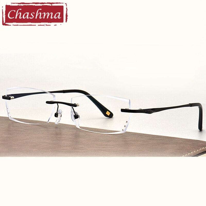 Men's Rectangle Diamond Trimmed Rimless Titanium Frame Eyeglasses 8193 Rimless Chashma B Black Clear  