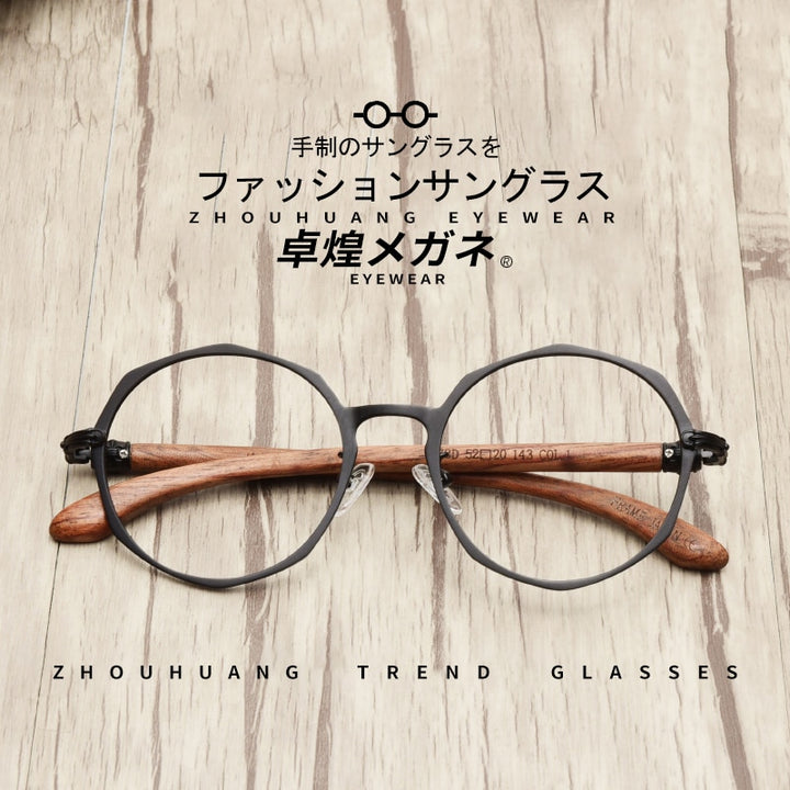 Unisex Eyeglasses Round Wood Temple Metal 7578d Frame Hdcrafter Eyeglasses   