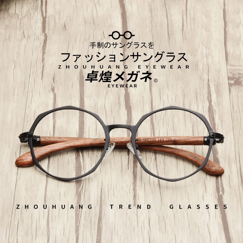 Hdcrafter Unisex Full Rim Round Acetate Alloy Frame Wood Temple Eyeglasses 7578d Full Rim Hdcrafter Eyeglasses   