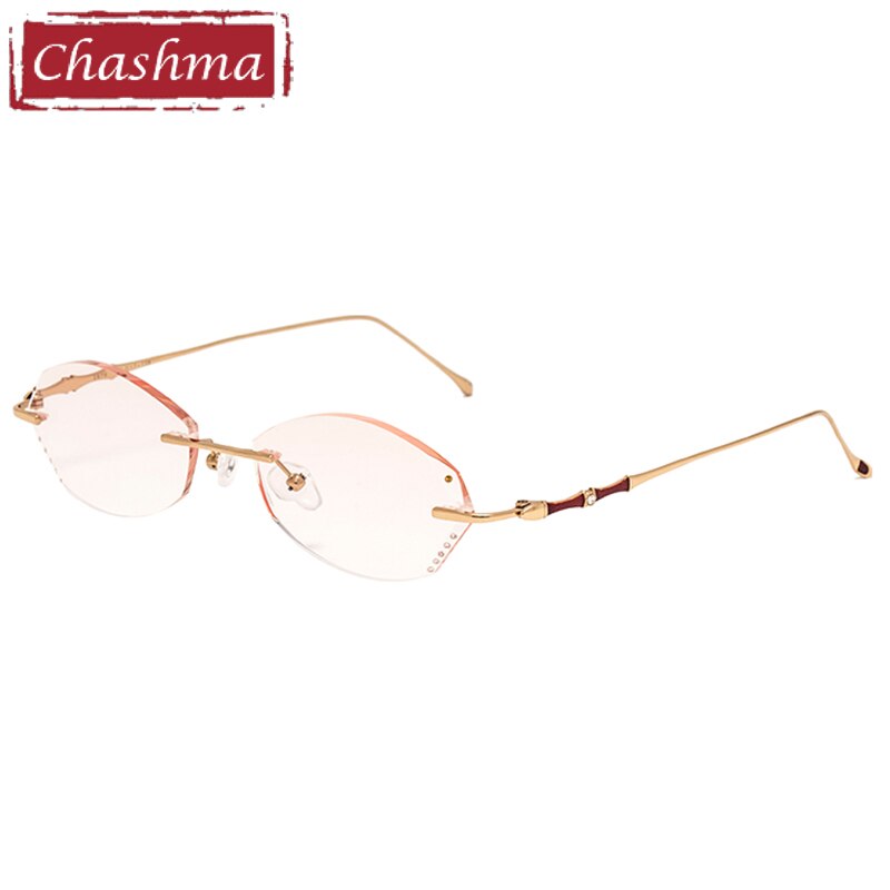 Chashma Women's Eyeglasses Rimless Gold Red Titanium Diamond Trimmed Tint Lens Rimless Chashma 2889 Gold Red  