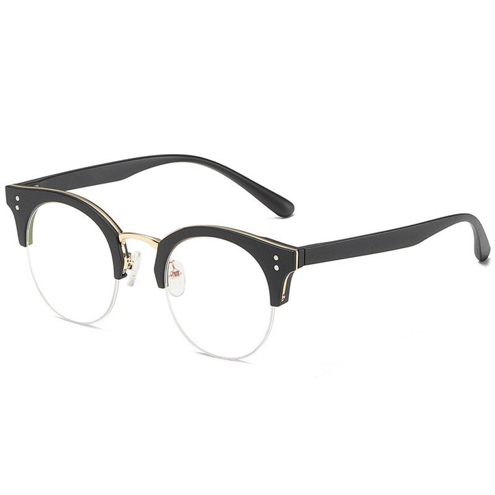 Hotony Unisex Semi Rim Round Cat Eye Acetate Alloy Eyeglasses 6701 Semi Rim Hotony BLACK GOLD  