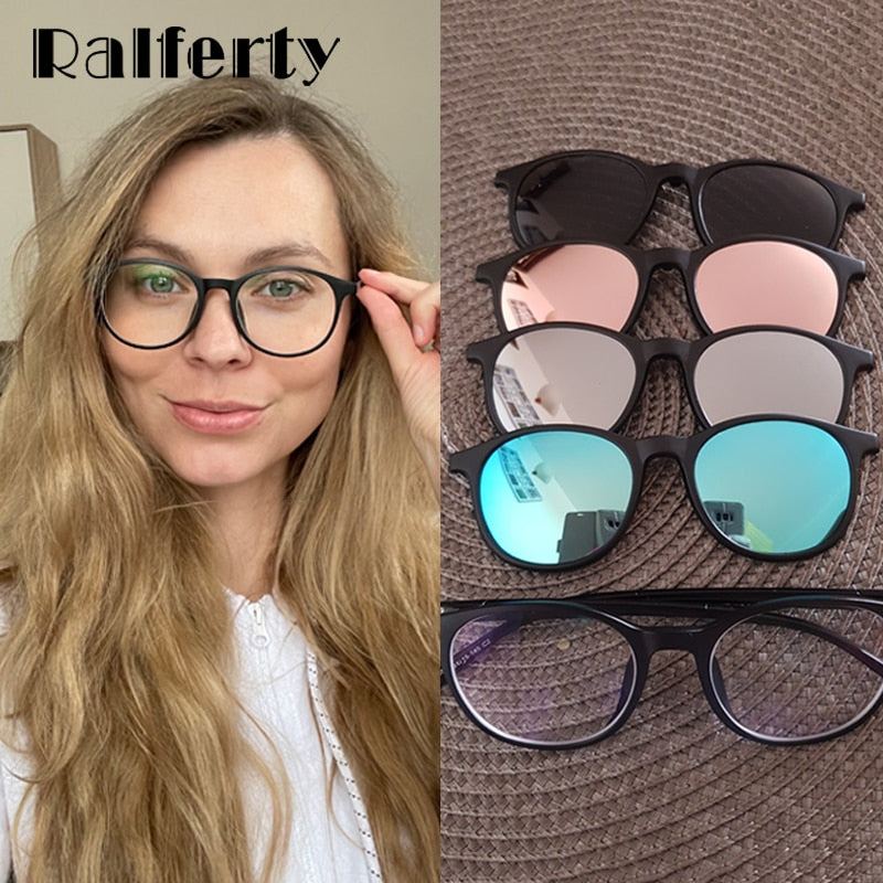Ralferty Women's Full Rim Round Tr 90 Eyeglasses With 6 Clip On Polarized Sunglasses A2245 Clip On Sunglasses Ralferty   