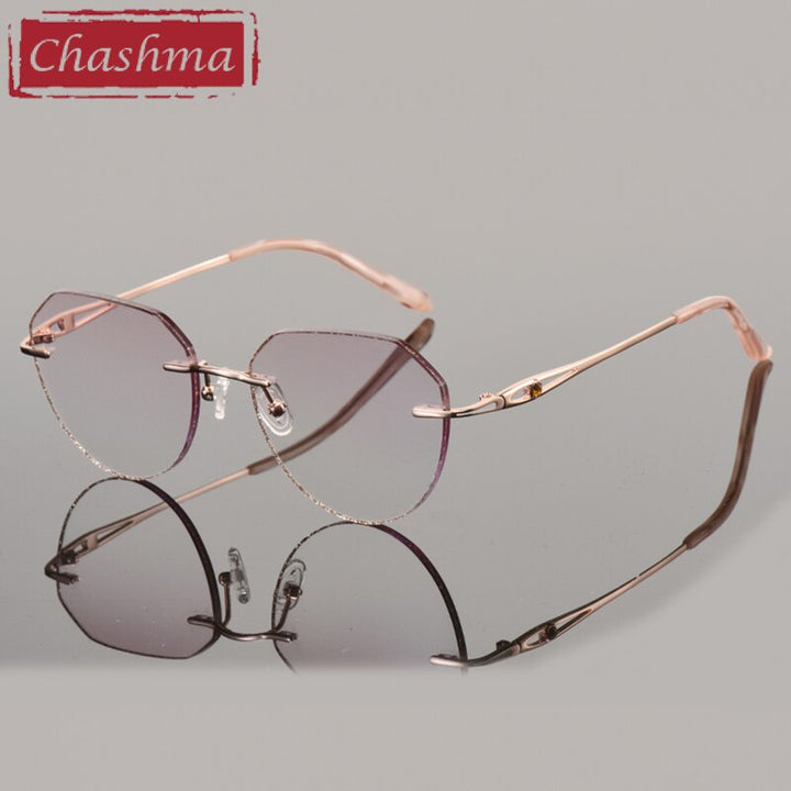 Women's Retro Rimless Eyeglasses Diamond Cut Tinted Lenses Titanium Frame 99101 C Rimless Chashma Rose Gold with Pink  