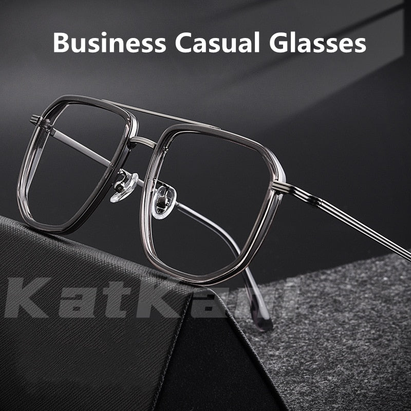 KatKani Men's Full Rim Double Bridge Square Titanium Frame Eyeglasses 2216yj Full Rim KatKani Eyeglasses   