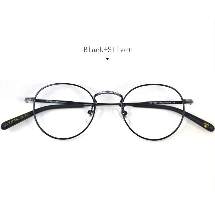 Hdcrafter Unisex Full Rim Round Titanium Frame Eyeglasses Ps7880 Full Rim Hdcrafter Eyeglasses Black-Silver  