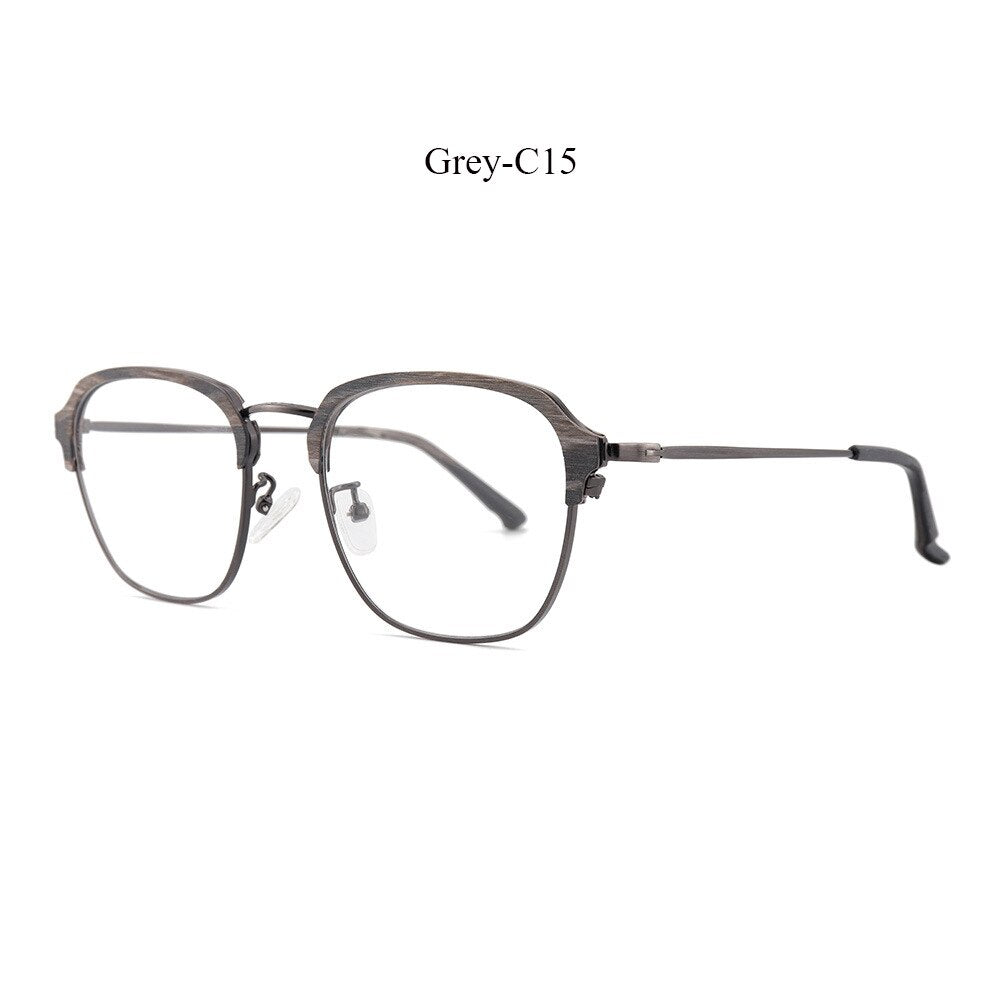 Hdcrafter Unisex Full Rim Square Oval Wood Metal Frame Eyeglasses 8120 Full Rim Hdcrafter Eyeglasses Grey-C15  