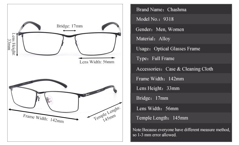 Chashma Ottica Men's Full Rim Large Square Titanium Alloy Eyeglasses P9318 Full Rim Chashma Ottica   