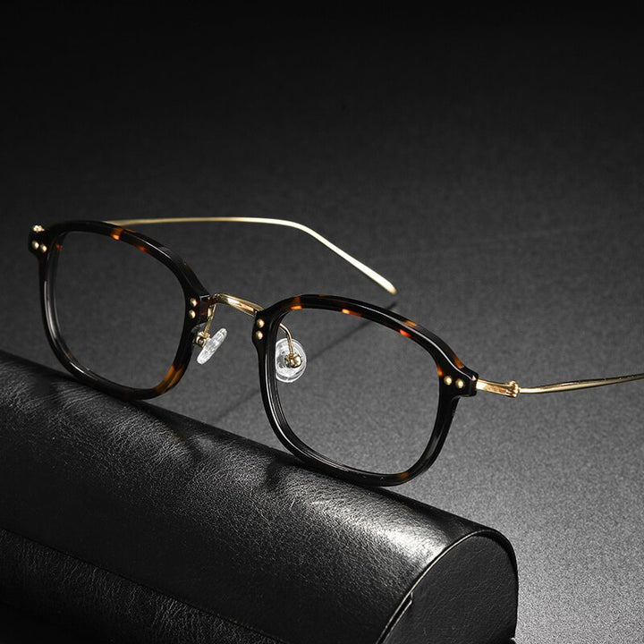 Gatenac Unisex Full Rim Square Acetate Titanium Frame Eyeglasses Gxyj547 Full Rim Gatenac Tortoise Gold  