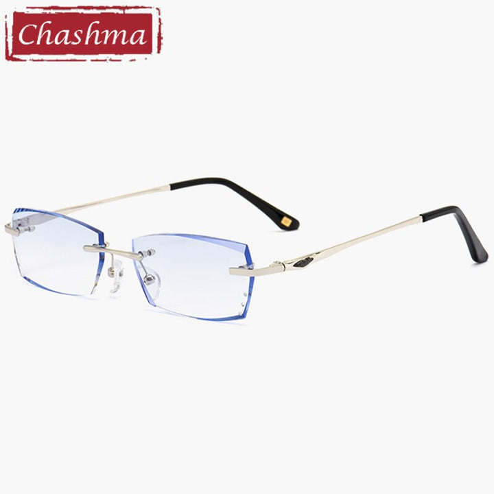 Men's Rectangle Diamond Trimmed Rimless Titanium Frame Eyeglasses 8193 Rimless Chashma B Silver Blue  