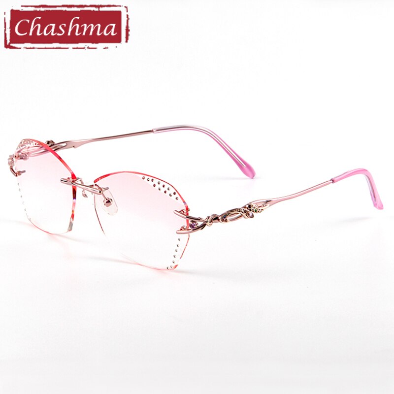 Women's Eyeglasses Diamond Cutting Rimless Titanium 8036c Rimless Chashma Pink Frame Pink Lens  